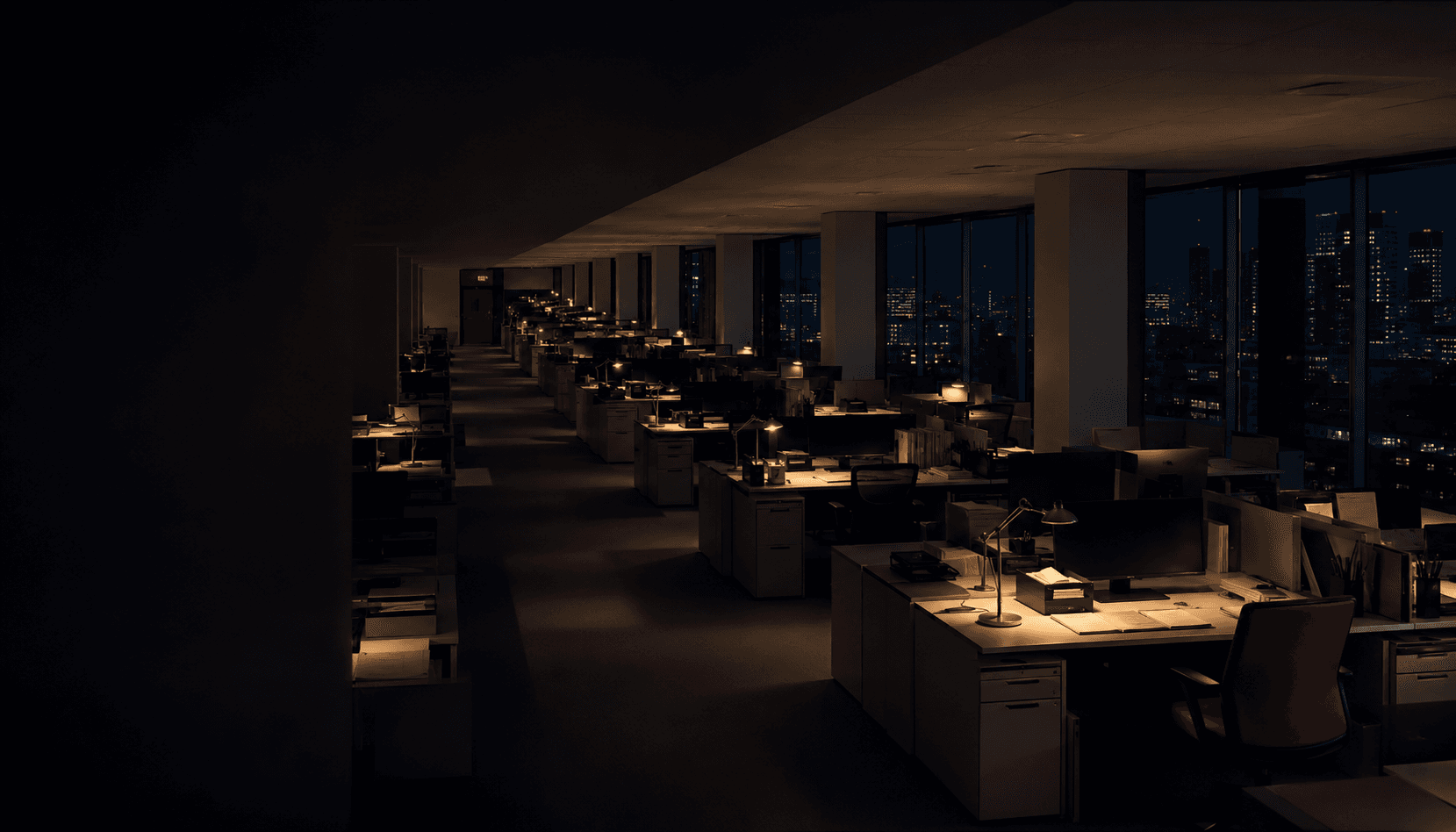 A quiet operations floor at the end of a workday, lamps lit, depth receding into editorial blue.